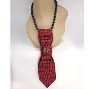 Artisan Abstract Red Tie Necklace Vintage Black Beaded Floral Jeweled Accent NEW